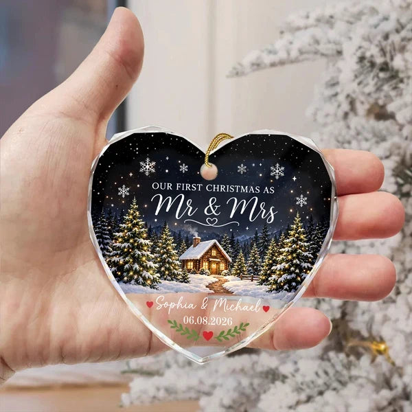 Personalized Crystal Heart Ornament, First Christmas as Mr & Mrs, Snowy Cabin Unique Gift for Couple
