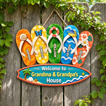 Wooden Sign with Sunny Flip Flops, Welcome to Grandma & Grandpa's House, Unique Creative Family Gift