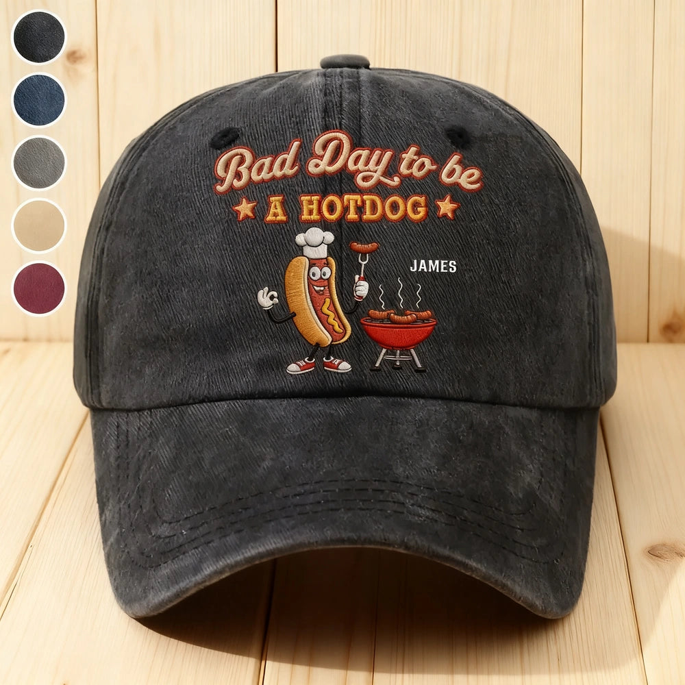 Personalized Washed Denim Baseball Cap, Bad Day to be A Hotdog, Unique BBQ Gift for Dad