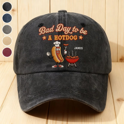 Personalized Washed Denim Baseball Cap, Bad Day to be A Hotdog, Unique BBQ Gift for Dad