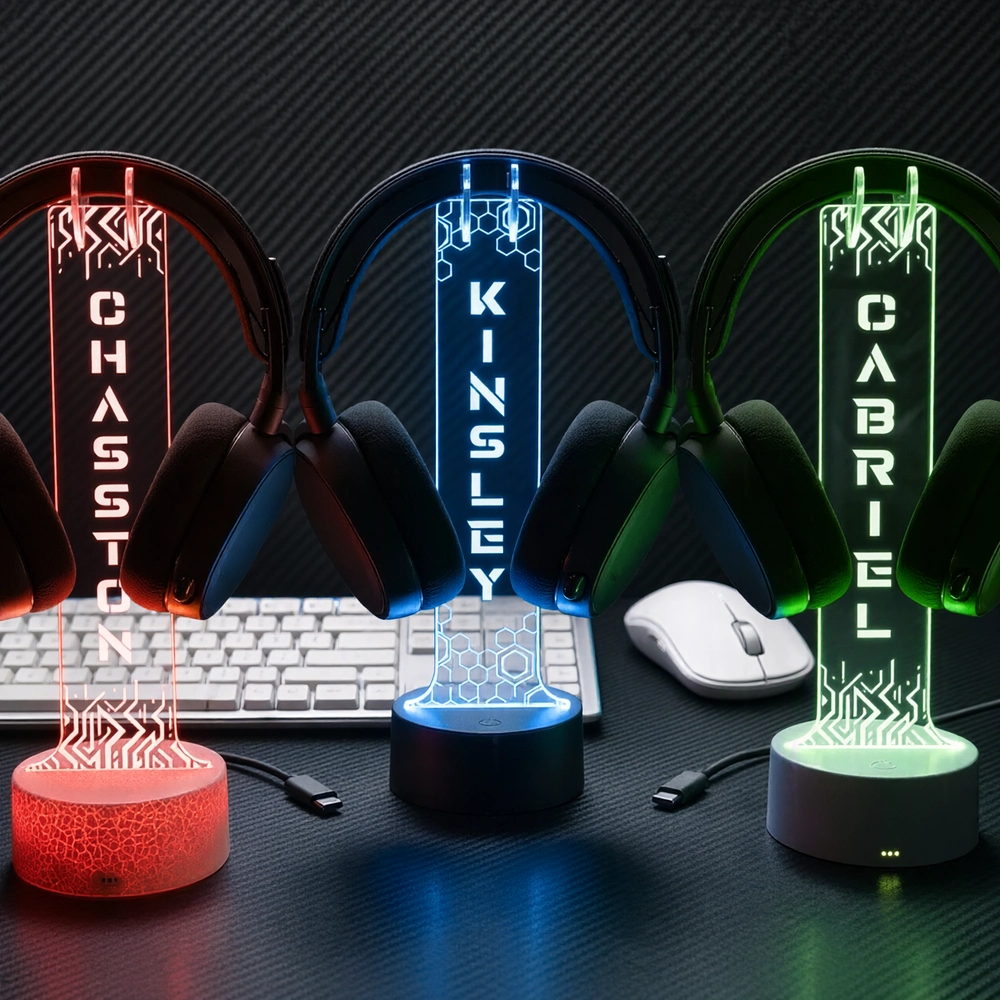 Personalized LED Acrylic Headphone Stand, Geometric Glow for Gaming Desk, Unique Gift for Gamer