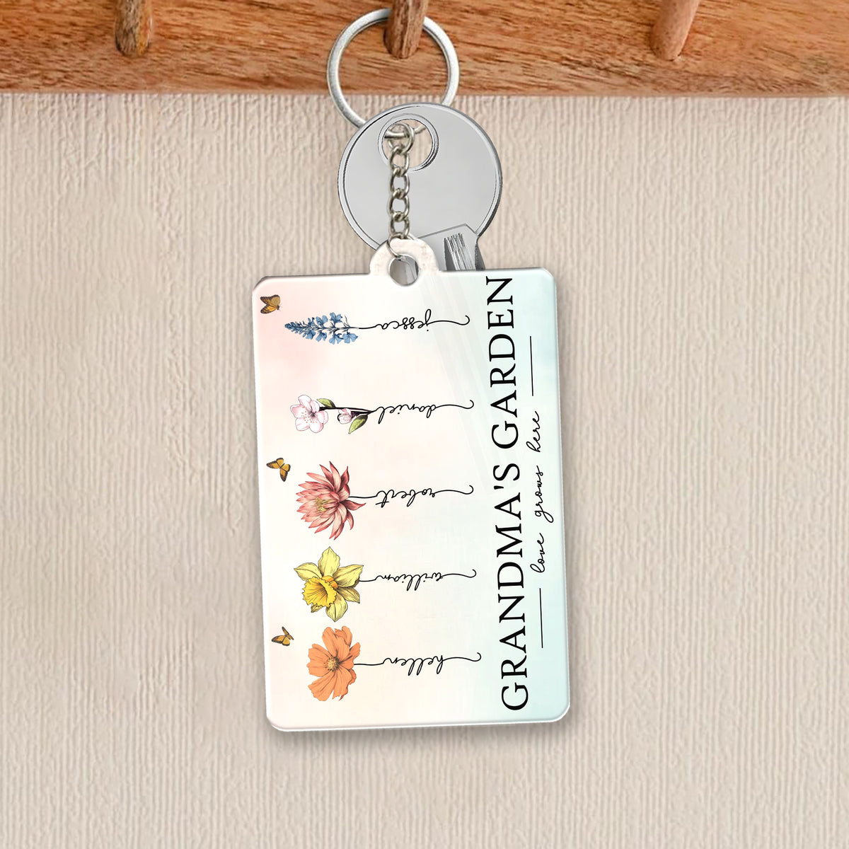 Grandma's Garden Love Grows Here Beautiful Birth Month Flower Gift For Grandma Mom Personalized Keychain, Poster, Plaque, Wallet Card, Car Hanger