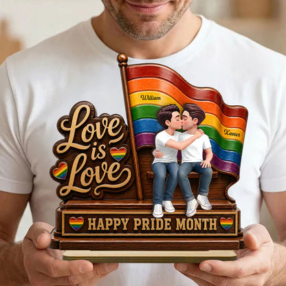 Personalized 2-Layer Wooden Plaque, LGBTQ Couple Kissing by Rainbow Flag, Unique Pride Month Gift