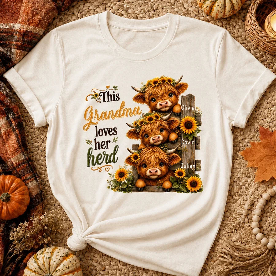 Grandma Loves Her Herd Sweatshirt, Personalized Sunflower Cow Art, Creative Gift for Grandma