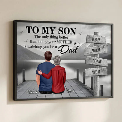 Personalized Poster for Son, Custom Family Signpost Sunset Lake Art, Unique Father's Day Gift from Mom