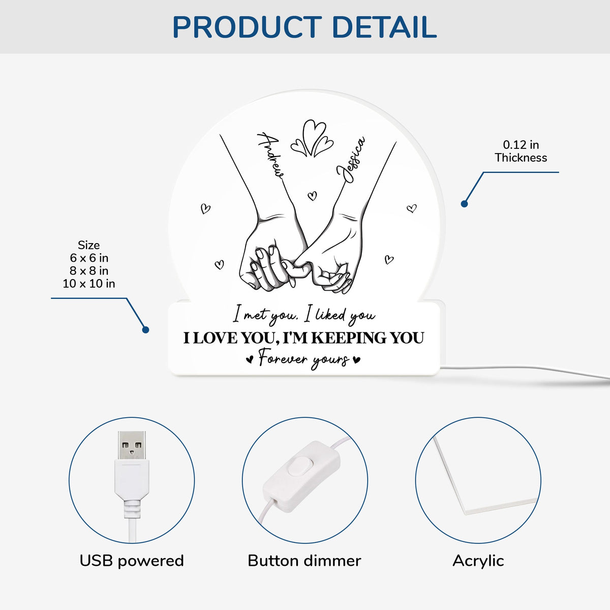 Personalized Acrylic Light Box with Holding Hands Sketch, Warm Glow Bedroom Lamp, Unique Romantic Gift for Couple