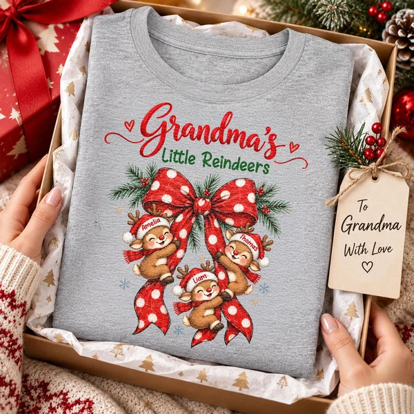 Personalized Grandma Christmas Sweatshirt, Cute Reindeer Hugging Red Bow, Unique Family Gift