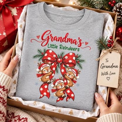 Personalized Grandma Christmas Sweatshirt, Cute Reindeer Hugging Red Bow, Unique Family Gift