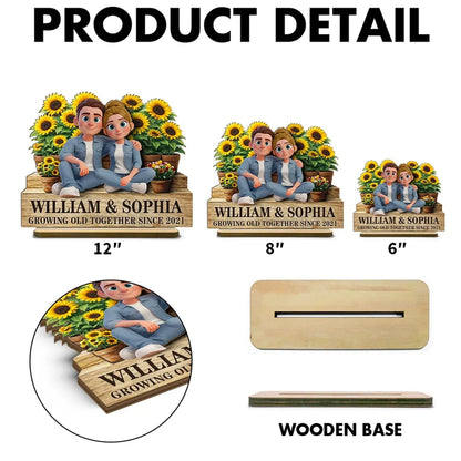 Growing Old Together Since 2-Layer Wooden Plaque with Cozy Couple and Sunflowers Unique Anniversary Gift for Him or Her