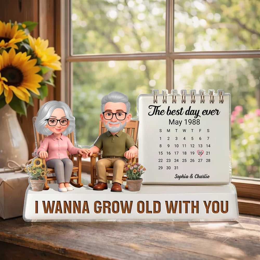 Personalized Shaped Acrylic Block Plaque with Couple Holding Hands and Calendar Scene, Unique Anniversary Gift for Wife or Husband