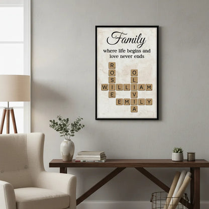Family Where Life Begins and Love Never Ends Personalized Poster – Custom Crossword Wall Art, Heartfelt Gift for Any Home