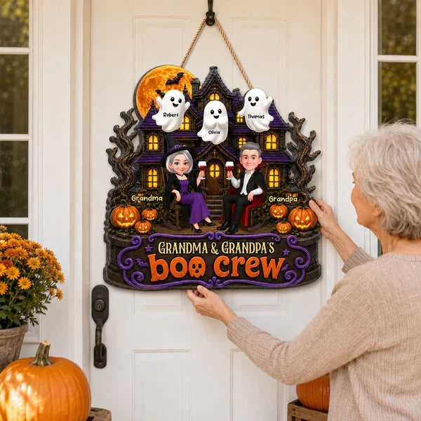 Personalized Wooden Sign With Seated Grandma & Grandpa, Haunted House Halloween Unique Gift
