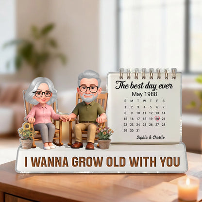 Personalized Shaped Acrylic Block Plaque with Couple Holding Hands and Calendar Scene, Unique Anniversary Gift for Wife or Husband