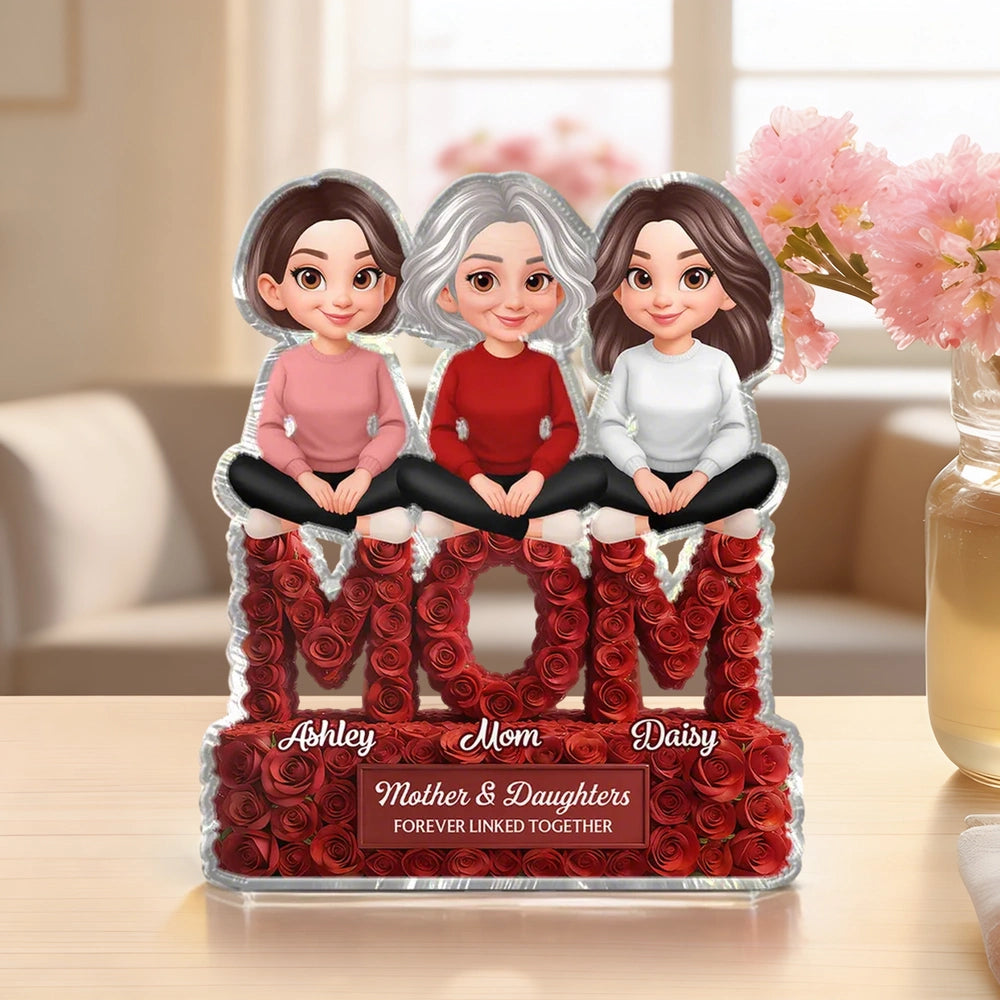 Shaped Acrylic Block Plaque for Mom, Personalized Mother and Kids Love Memory Decor with Rose MOM Design, Thoughtful Gift