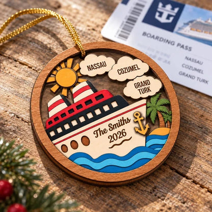 Personalized Family Cruise 2-Layer Wooden Ornament, Tropical Travel Memory, Creative Gift for Travelers