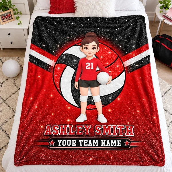 Personalized Fleece Blanket, Cartoon Volleyball Player Holding a Ball, Red Glitter-Look Style, Unique Player Gift