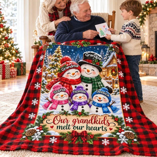 Personalized Fleece Blanket, Smiling Snowman Grandparents & Grandkids in Snowy Christmas Village, Unique Family Gift