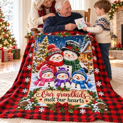 Personalized Fleece Blanket, Smiling Snowman Grandparents & Grandkids in Snowy Christmas Village, Unique Family Gift