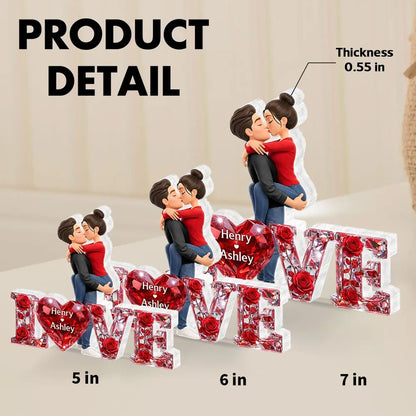 Personalized Shaped Acrylic Block Plaque Kissing Couple with LOVE Heart Roses Romantic Shelf Decor Unique Gift