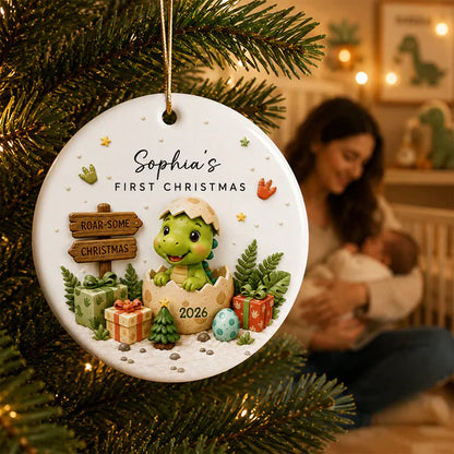Personalized Ceramic Ornament With Cute Baby Dinosaur, Unique First Christmas Keepsake Gift for Baby