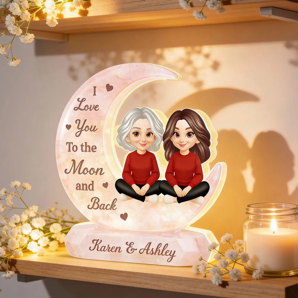 I Love You to the Moon and Back Acrylic Light Box, Personalized Mom and Daughter Keepsake Lamp for Nightstand Warm Glow Gift