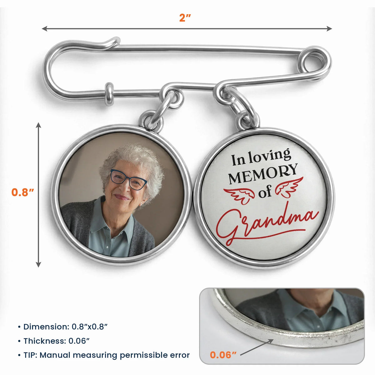 In Loving Memory of Grandma Alloy Charm Lapel Pin With Custom Photo - Heartwarming Memorial Gift