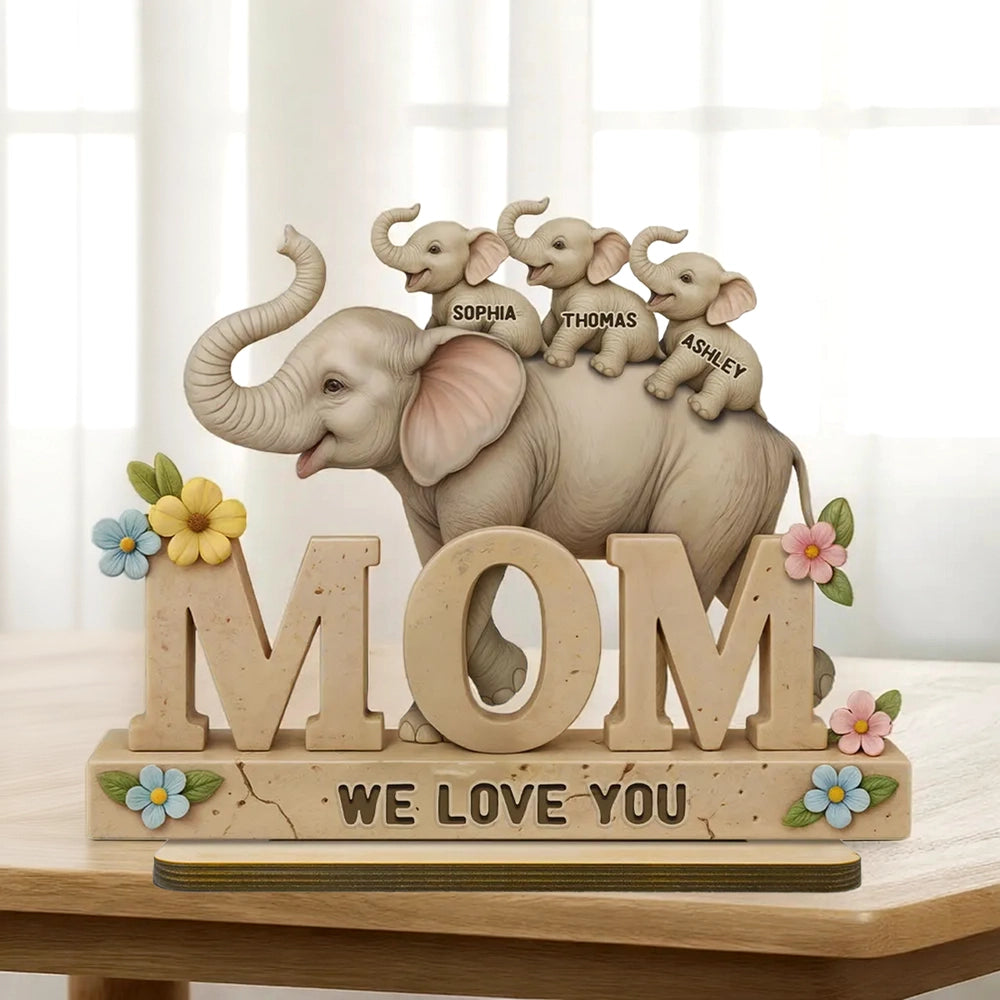 Personalized 2-Layer Wooden Plaque with Elephant Mom and Calves, We Love You Message, Unique Gift for Mom
