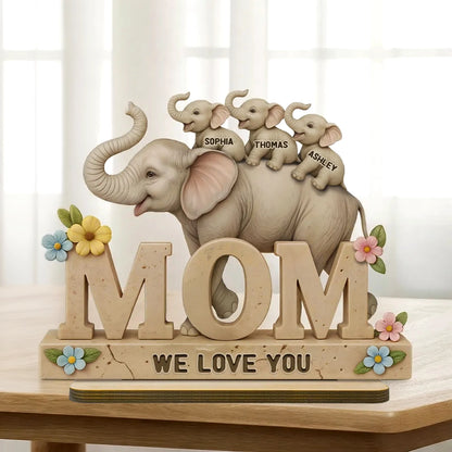 Personalized 2-Layer Wooden Plaque with Elephant Mom and Calves, We Love You Message, Unique Gift for Mom