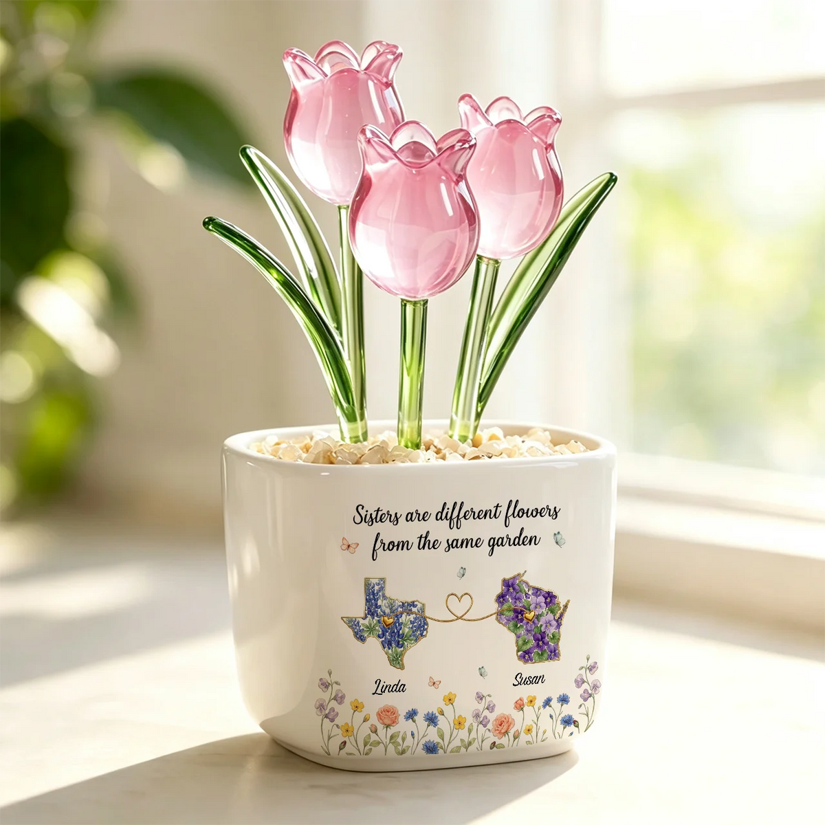 Personalized Square Glass Planter with Purple Tulips, Tabletop Decor, Unique Gift for Sister