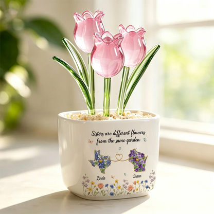 Personalized Square Glass Planter with Purple Tulips, Tabletop Decor, Unique Gift for Sister