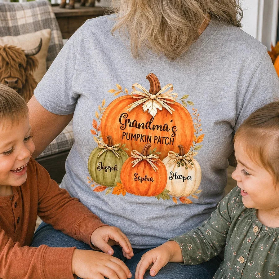 Personalized Classic Tee, Grandma's Watercolor Pumpkin Patch, Unique Fall Gift for Grandma