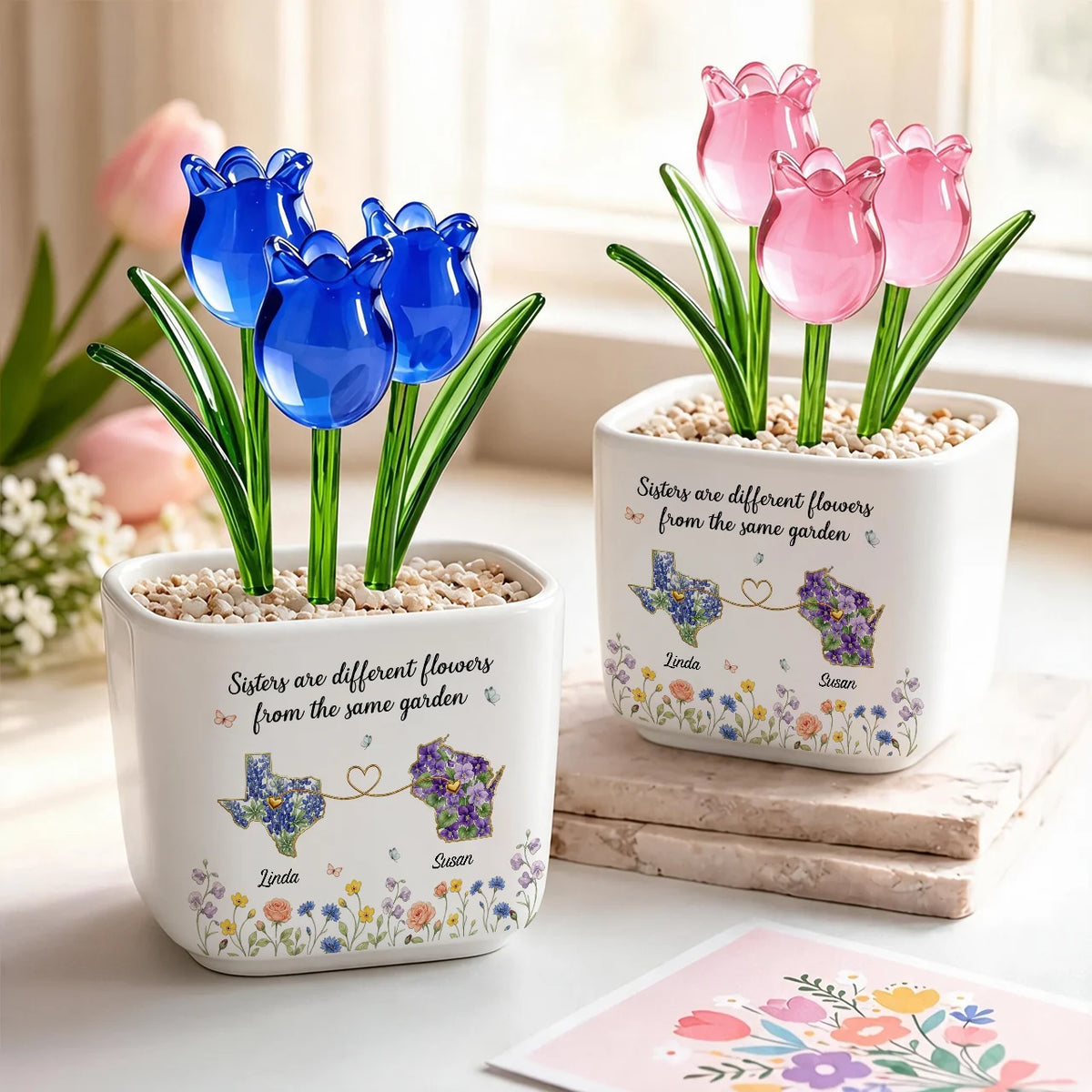 Personalized Square Glass Planter with Purple Tulips, Tabletop Decor, Unique Gift for Sister