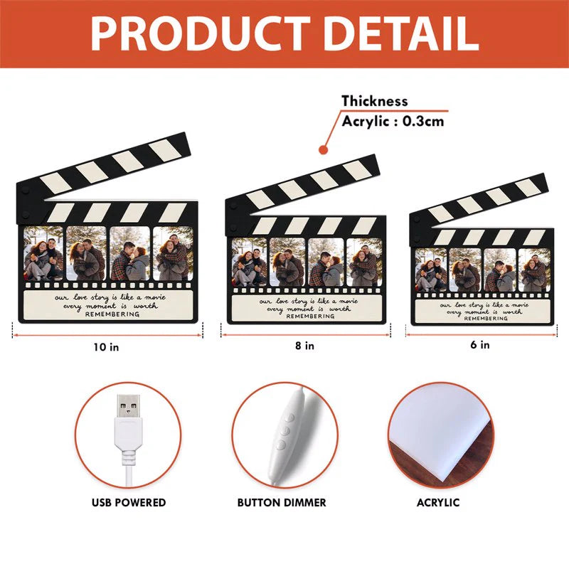 Clapperboard Acrylic Light Box, Personalized Photos and Warm Glow Bedroom Decor for Couples, a Unique Romantic Gift