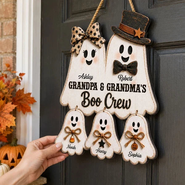 Personalized Wooden Sign with Cute Ghost Family, Rustic Halloween Door Decor, Unique Gift for Grandparents