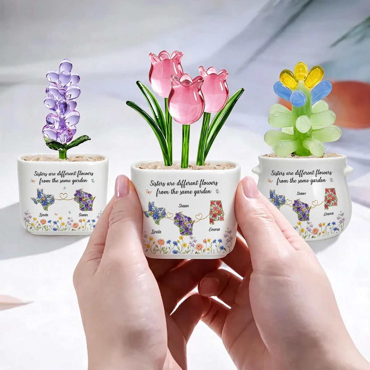 Personalized Square Glass Planter with Purple Tulips, Tabletop Decor, Unique Gift for Sister
