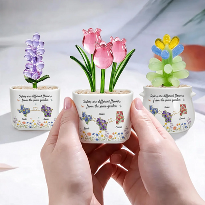 Personalized Square Glass Planter with Purple Tulips, Tabletop Decor, Unique Gift for Sister