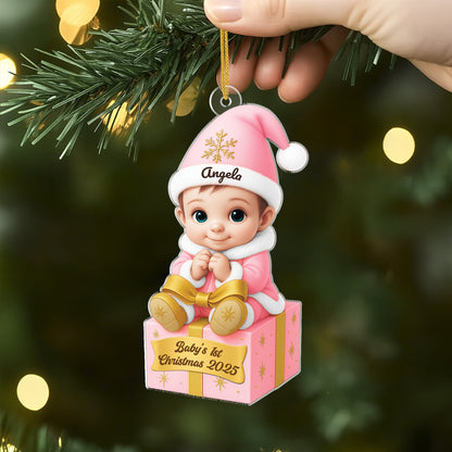 Acrylic Ornament for Baby's First Christmas, sitting baby on gift box, pastel blue & gold, creative gift for parents