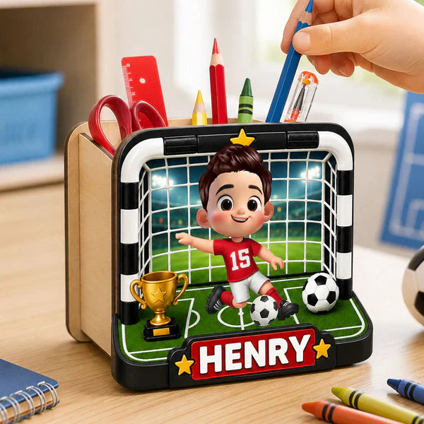 Personalized Wooden Pen Holder With Cute Soccer Kid, Unique Creative Gift For School Desk