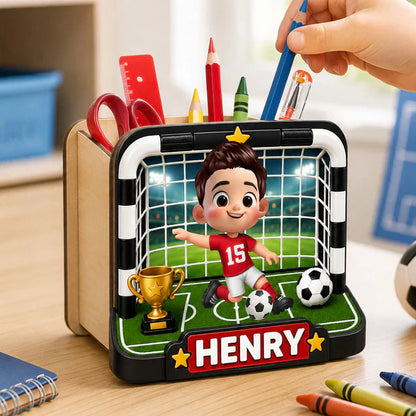 Personalized Wooden Pen Holder With Cute Soccer Kid, Unique Creative Gift For School Desk
