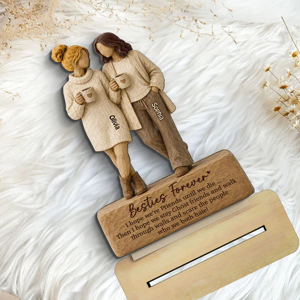 Personalized Wooden Plaque With Two Friends Holding Mugs, Unique Creative Gift For Friend