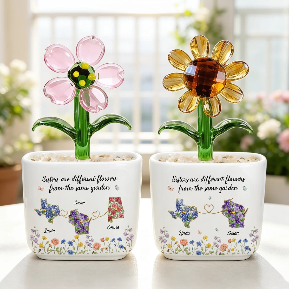 Personalized Square Glass Planter with Purple Tulips, Tabletop Decor, Unique Gift for Sister