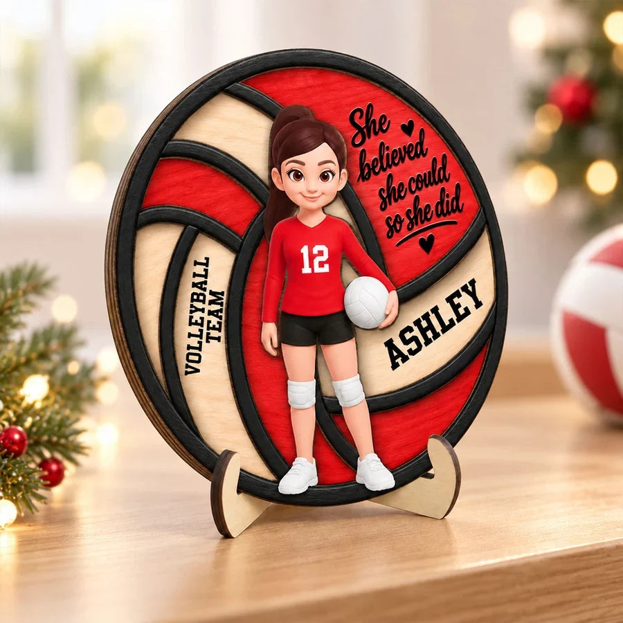 Personalized 2-Layer Wooden Plaque, She Believed She Believed She Could Volleyball Plaque, Creative Gift for Daughter