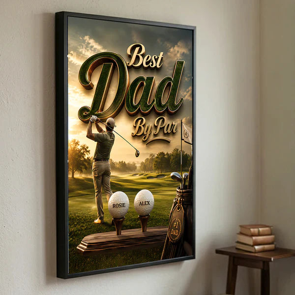 Personalized Golf Poster with Best Dad By Par, Golfer at Sunset Course, Unique Gift for Dad