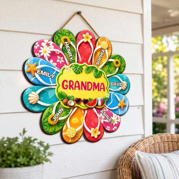 Personalized Grandma Wooden Sign, Tropical Flip Flop Custom Summer Decor, Unique Gift for Grandma