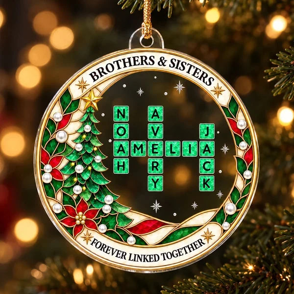 Personalized Acrylic Ornament, Sibling Crossword on a Christmas Tree, Unique Gift for Brothers & Sisters