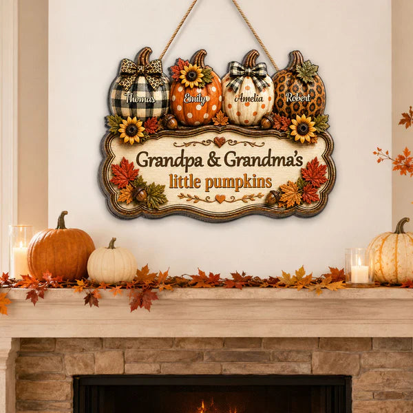 Personalized Wooden Sign With Fall Pumpkins, Unique Creative Gift For Grandparents & Kitchen Decor