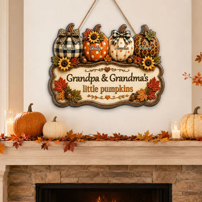 Personalized Wooden Sign With Fall Pumpkins, Unique Creative Gift For Grandparents & Kitchen Decor