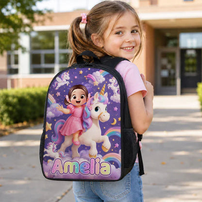 Personalized Kids School Backpack, Girl Riding Unicorn Design, Unique Back to School Gift for Daughter