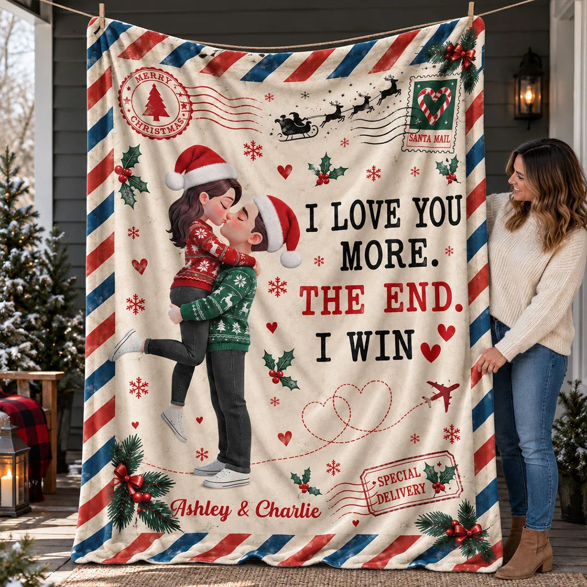 Personalized Fleece Blanket, Kissing Couple in a Vintage Christmas Scene, Unique Gift for Your Partner