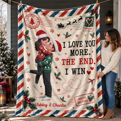 Personalized Fleece Blanket, Kissing Couple in a Vintage Christmas Scene, Unique Gift for Your Partner